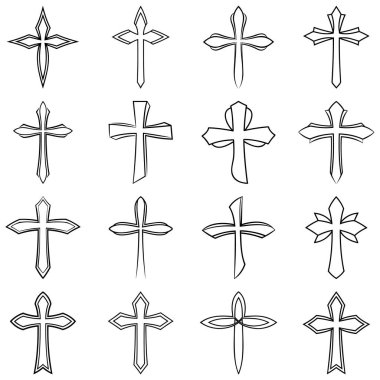 Hıristiyan haçı ikonu. Beyaz arkaplanda izole edilmiş doğrusal haç simgeleri kümesi. Kilise sembolü. Vektör illüstrasyonu