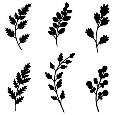 Beyaz arka planda izole edilmiş siyah bitki siluetleri. Siyah minimalist simge. Vektör illüstrasyonu