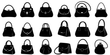 Beyaz bir arka planda izole edilmiş çeşitli el çantası tarzında siyah siluet simgeleri. Vektör illüstrasyonu