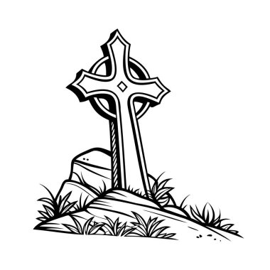 Hıristiyan haçı ikonu. Çimen ve kayalarla dolu bir tepede duran Kelt haçının basit bir simgesi. Siyah Kilise sembolü. Vektör illüstrasyonu