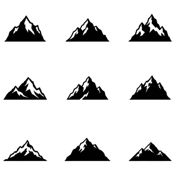 A set of six black mountain silhouettes, isolated on a white background. Vector illustration