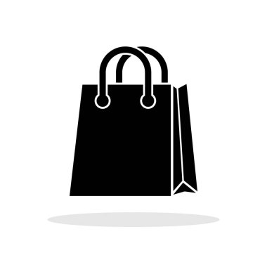 Alışveriş poşeti ikonu. Siyah siluet simgesi, beyaz arka planda izole edilmiş, sapları ve hafif gölgesi olan bir alışveriş çantası. Vektör illüstrasyonu.