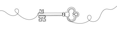 Anahtar simgesi tek satırla çizilmiş. Sürekli tek bir çizgiden oluşan bir anahtarın siyah ana hatları. Vektör illüstrasyonu.
