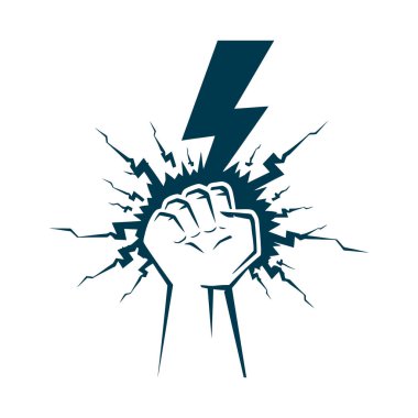 Yıldırım ikonu ile yumruk kırılıyor. Çatlaklar ve yıldırımlarla yukarıya bakan bir yumruk. Vektör illüstrasyonu