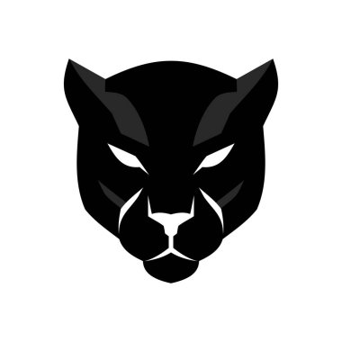 Kara Panter kafa ikonu. Siyah panter kafası, beyaz gözlü ve burunlu, ileriye bakıyor, beyaz arka planda izole. Vektör illüstrasyonu