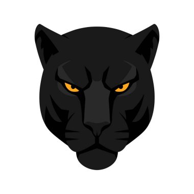 Kara Panter kafa ikonu. Siyah panter kafası, ileriye bakıyor, beyaz arka planda izole edilmiş. Vektör illüstrasyonu.