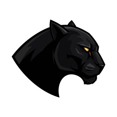 Kara Panter kafa ikonu. Siyah panter kafası, delici sarı gözleri, sola bakıyor, beyaz arka planda izole. Vektör illüstrasyonu.
