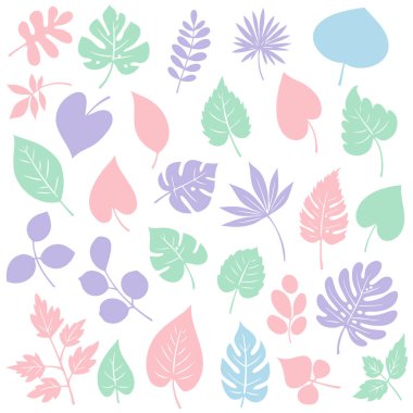 Pastel yaprak ikonları. Beyaz arka planda izole edilmiş çeşitli yaprak ve dallardan pek çok yumuşak pastel simge koleksiyonu. Vektör illüstrasyonu.