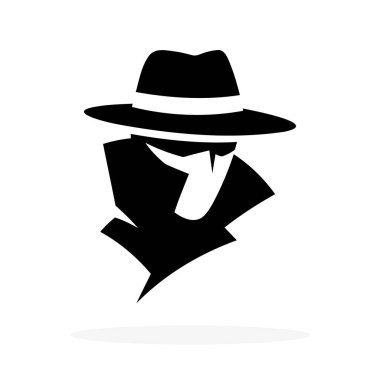 Gizli yüz ikonu olan dedektif. Beyaz arka planda izole edilmiş siyah şapkalı bir figür. Vektör illüstrasyonu.
