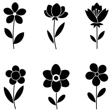 Çiçek ikonu. Beyaz arkaplanda siyah çiçek simgeleri var. Vektör illüstrasyonu.