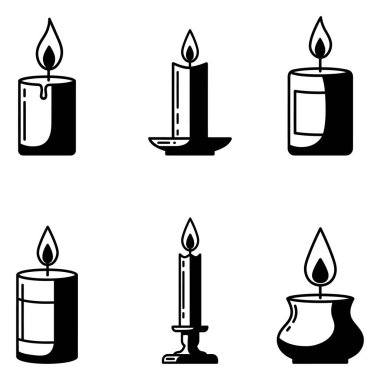 Mum ikonu. Düz dizaynlı siyah mum simgeleri. Vektör illüstrasyonu.