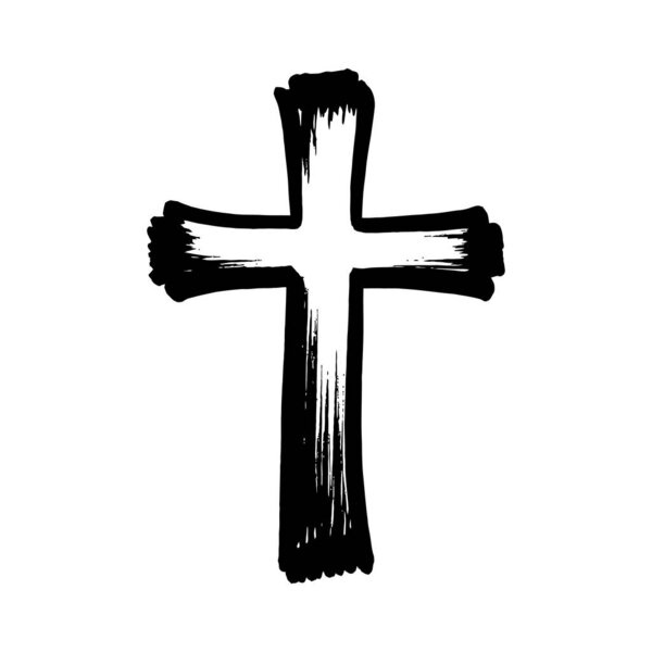 Икона христианского креста, нарисованная кистью. Черный грубый рисунок христианского креста на белом фоне. Векторная иллюстрация.