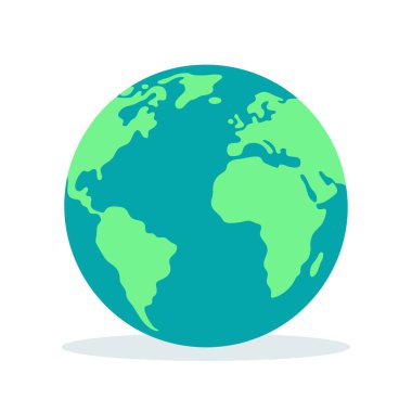 Dünya ikonu. Beyaz arka planda izole edilmiş kıtaları ve okyanusları olan Dünya gezegeni. Küre sembolü. Vektör illüstrasyonu