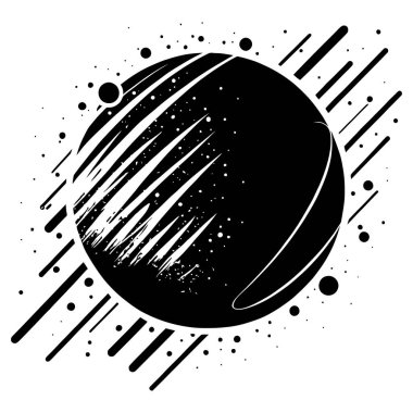 Soyut gezegen simgesi. Dokulu çizgileri, noktaları ve soyut elementleri olan yuvarlak bir gezegenin siyah stilize edilmiş çizimi. Vektör illüstrasyonu