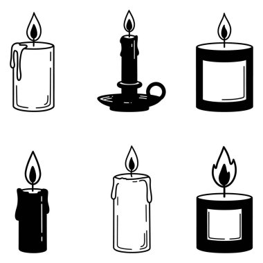 Mum ikonu. Düz dizaynlı siyah mum simgeleri. Vektör illüstrasyonu.