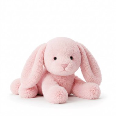 Yumuşak pembe peluş oyuncak tavşan, sarkık kulaklı, uzanmış, beyaz arka planda soyutlanmış..