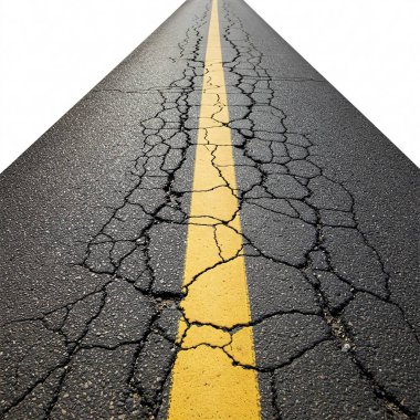 Çatlamış asfalt yolu, koyu sarı bir çizgi, beyaz arka planda izole edilmiş..