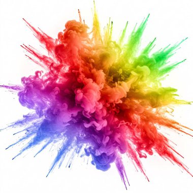 Beyaz arka planda izole edilmiş canlı gökkuşağı renkli toz patlaması