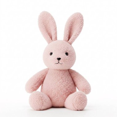 Uzun kulaklı pembe pelüş oyuncak tavşan, beyaz arka planda izole bir şekilde oturuyor..