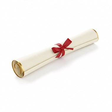 Beyaz arka planda izole edilmiş kırmızı kurdeleyle sarılmış diploma. Eğitimsel başarının sembolü.