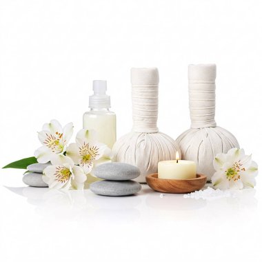 Beyaz arka planda izole edilmiş spa bileşimi. Çiçekler, mumlar, yağ ve bitkisel kompres yakın plan..