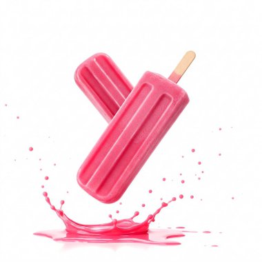 Beyaz arka planda izole bir şekilde meyve suyuna dökülen çilekli dondurma. Donmuş meyve tatlısı yakın plan hareket halinde..