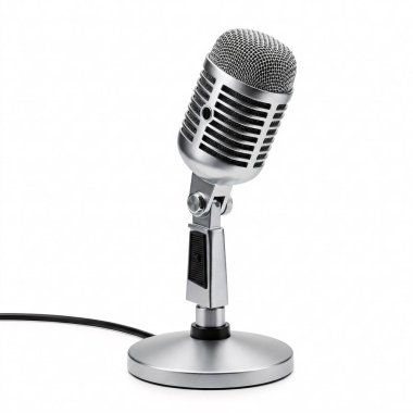 Retro mikrofon beyaz arkaplanda izole durumda. Gümüş renkli ses kayıt cihazı. Yakın plan..