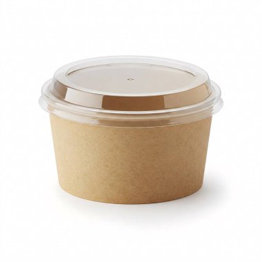 Beyaz arka planda izole edilmiş şeffaf kapaklı yuvarlak Kraft salata kasesi..