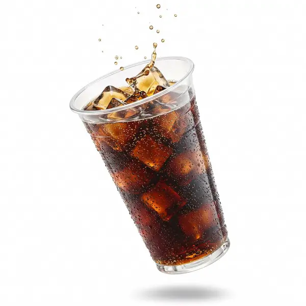 Plastik bardakta buzlu kola, sıçrama, izole edilmiş..