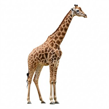 Zürafa, uzun Afrika memelisi, uzun boyun, benekli ceket, vahşi yaşam hayvanı. Beyaz bir arkaplanda izole edilmiş.