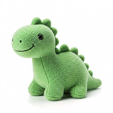 Büyük gözlü yeşil pelüş dinozor, beyaz arka planda izole edilmiş..