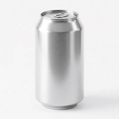 Beyaz arka planda izole edilmiş, çekiş sekmeli, sade gümüş alüminyum kutu..