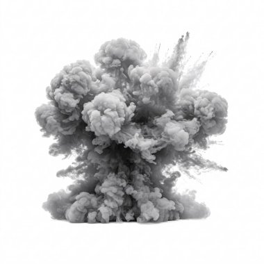 Beyaz arka planda izole edilmiş kalın gri duman patlaması.