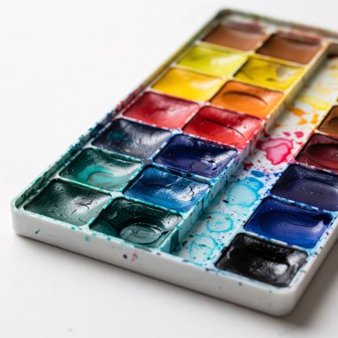 Beyaz plastik bir kutuda çeşitli renklerde suluboya paleti.