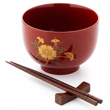 Bir çift çubuk ve yemek çubuğuyla kırmızı kase..