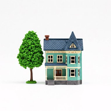 Yeşil ağacın yanındaki mavi çatılı küçük yeşil ev, beyaz arka planda izole edilmiş..