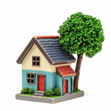 Yeşil ağacın yanındaki küçük renkli ev, beyaz arka planda izole edilmiş..