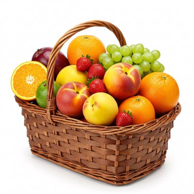 Beyaz arka planda izole edilmiş çeşitli meyvelerle dolu bir sepet. Yiyecek, sağlıklı, taze, çeşitli, vitaminler..
