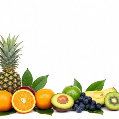 Beyaz arka planda izole edilmiş çeşitli taze meyveler. Ananas, portakal, elma, avokado, limon, yabanmersini, muz, kivi..