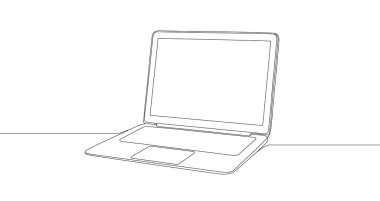 Siyah dizüstü bilgisayar tek satır sanat tarzında. Beyaz arka planda düzenlenebilir inme olan dizüstü bilgisayar çizimi. Vektör illüstrasyonu.