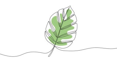 Yeşil yapraklı siyah yaprak tek çizgi halinde sanat tarzında. Yaprak çizimi, beyaz arka planda siyah çizim. Vektör illüstrasyonu.