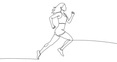 Spor giyim tarzında koşan bir kadın. Beyaz arka planda siyah çizim yapan bir kadın. Vektör illüstrasyonu.