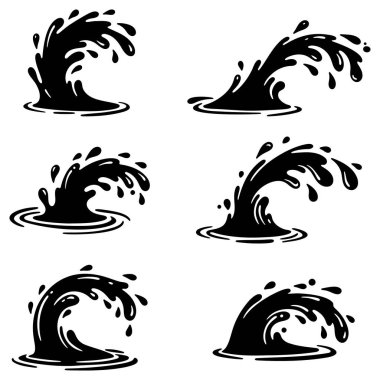 Su sıçrama simgeleri ayarlandı. Beyaz bir zemin üzerine dizilmiş çeşitli su damlacıkları şekilli siyah siluetler. Vektör illüstrasyonu.