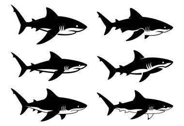 Kara köpekbalığı ikonları. Siyah köpekbalığı siluetleri beyaz arka planda izole edilmiş. Vektör illüstrasyonu.