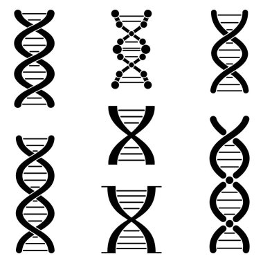 Siyah DNA ikonları. Beyaz zemin üzerinde izole edilmiş siyah DNA moleküllerinin şematik temsilleri. Vektör illüstrasyonu.