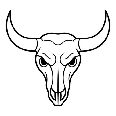 Beyaz arka planda izole edilmiş boynuzları olan bir boğa kafatasının siyah beyaz simgesi. Vektör illüstrasyonu.