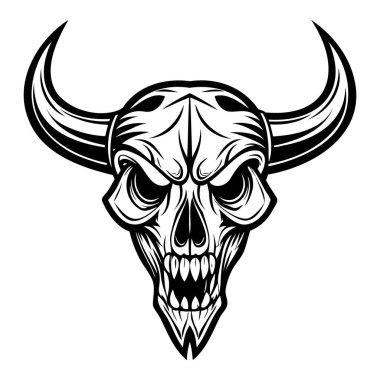 Beyaz arka planda boynuzları olan şeytani bir boğa kafatasının siyah ve beyaz vektör çizimi.