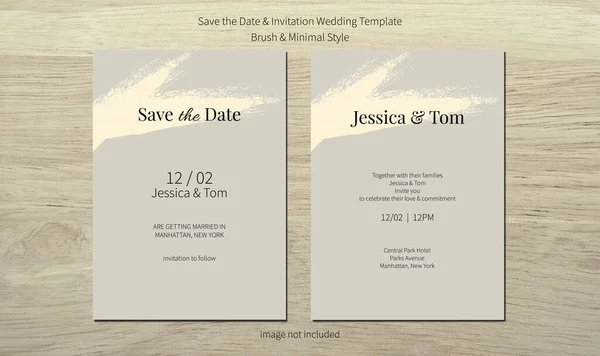 結婚式の招待状とスミアブラシとグレーのミニマリストデザインで日付カードテンプレートを保存 — ストックベクタ