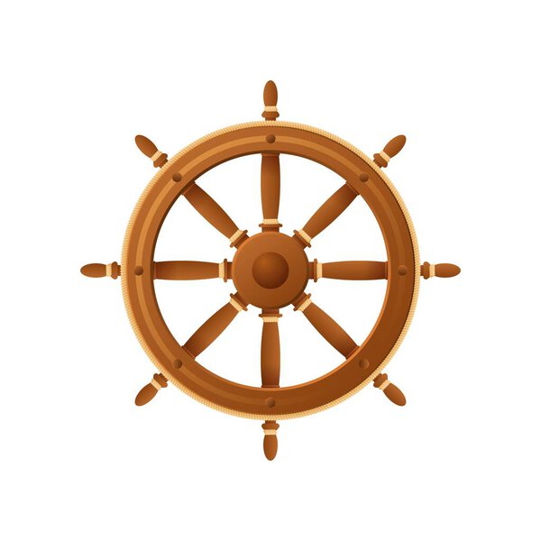 Wooden ships steering wheel. Round brown vintage ship control device with scroll knobs vector hands
