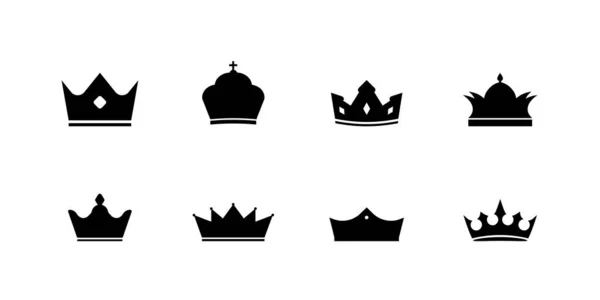 Imperatore Corona Nera Icona Impostata Disegno Diadema Araldico Regalità Potenza — Vettoriale Stock